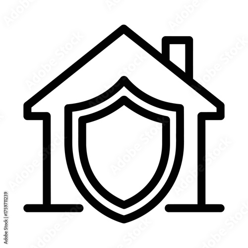 Minimalist Black Line House and Shield Security Icon on White