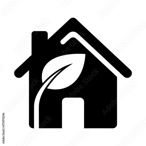 Black House Silhouette with White Leaf and Stylized Roof Line