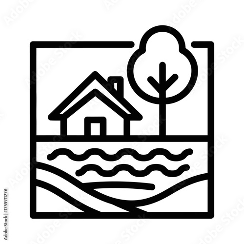 Minimalist Line Art Icon of House, Tree, Water, and Land