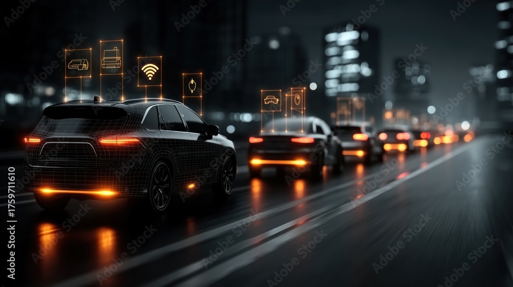 Fototapeta premium A futuristic scene showing cars on a city road at night, featuring digital interfaces and glowing elements, highlighting modern transportation technology.
