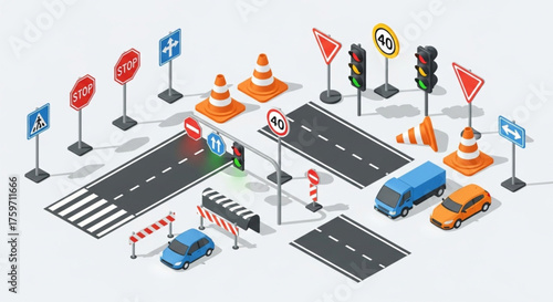 Isometric Traffic Icon Set – Road Signs, Cones & Signals for Urban Planning