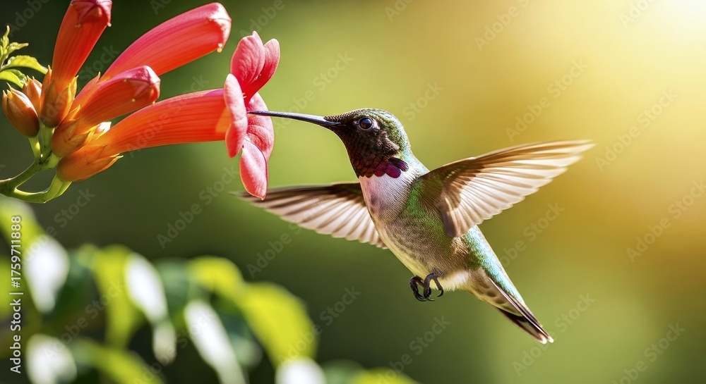 Fototapeta premium A hummingbird feeding at a red flower in bright sunlight
