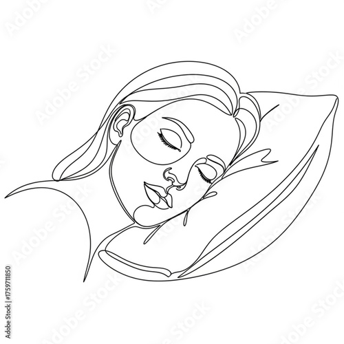 Continuous Line Drawing of Woman Sleeping on Pillow – Minimalist Vector Illustration
