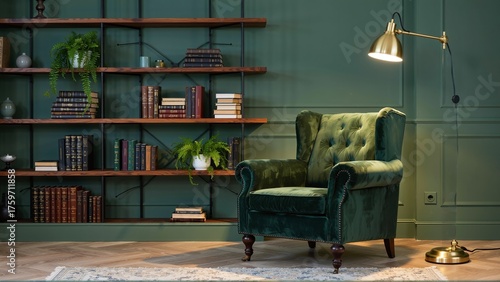Plush green armchair invites quiet contemplation amidst a richly stocked library of classic books.