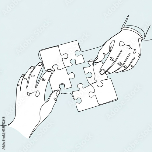 Continuous Line Drawing of Hands Solving Jigsaw Puzzle – Vector Linear Illustration