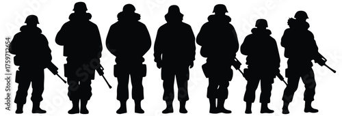 PrintArmed soldiers, military silhouettes, tactical gear, firearms, helmet, black vector, combat stance, defense force, army illustration, unity, discipline