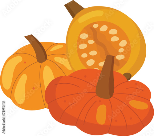 Three orange pumpkins including one cut in half