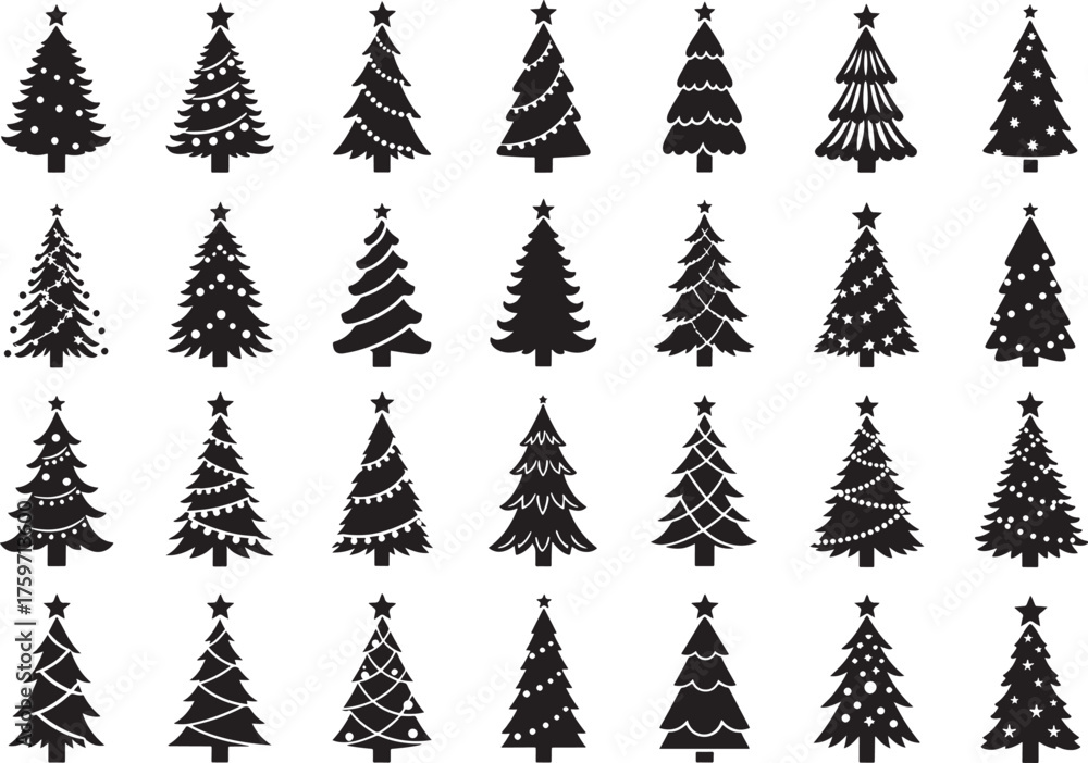 Obraz premium Black Christmas Tree Silhouette Icon Collection Holiday Design Vector Set