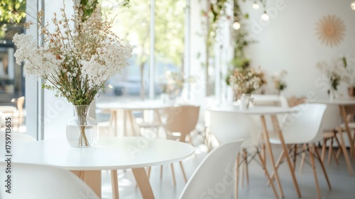 Bright cafe interior, tables, flowers, sunlight, city view, relaxing atmosphere, stock photo