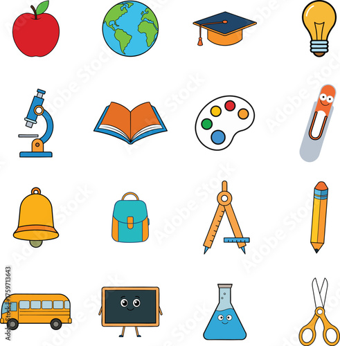 Collection of colorful school and education icons for learning and creativity