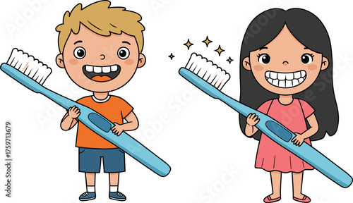 Cartoon vector illustration of children holding oversized toothbrushes, smiling with clean teeth, dental hygiene, health education, lifestyle, childhood, care, and prevention
