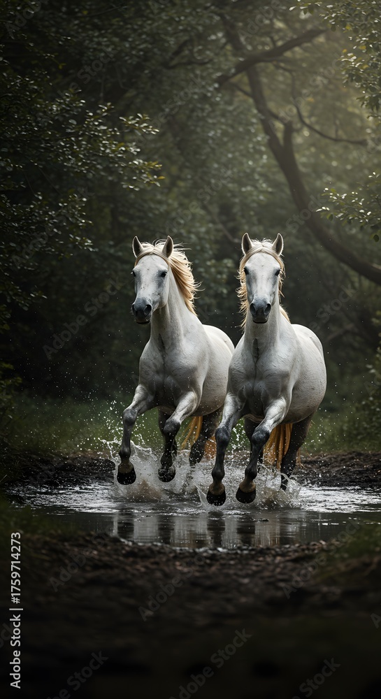 Obraz premium White Horses Running Through Water