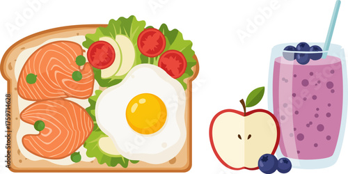 Healthy breakfast illustration with salmon toast fried egg salad apple and blueberry smoothie flat style