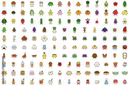 A set of hand-drawn character-style icons of vegetables, fruits, sweets, and dishes