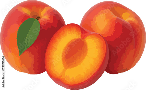 Three ripe peaches one halved with green leaf fruit