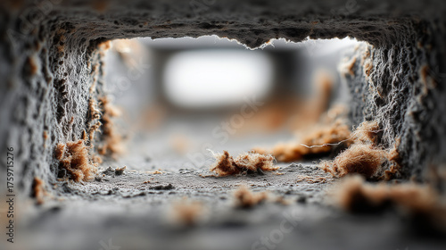 Close-up of dirty air duct before cleaning. Macro view showing a buildup of dust, lint, and debris inside a metal duct. The lighting accentuates texture and contrast between contam