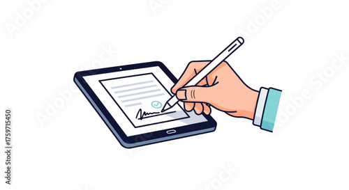 Digital signature on tablet hand signing document with stylus pen for secure business transactions and modern agreement processes technology