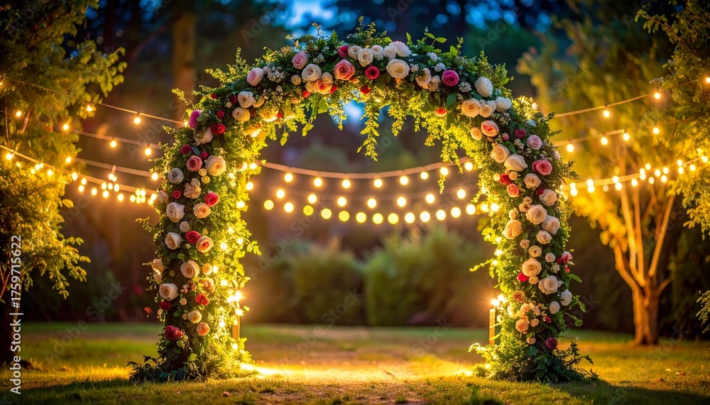 Obraz premium Outdoor wedding aisle with rose arch and warm string lights