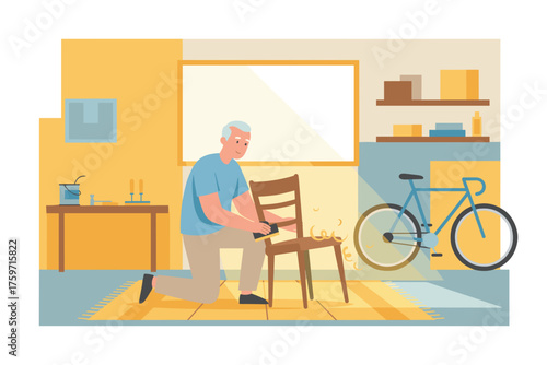 Smiling senior man sanding a wooden chair enjoying his home workshop hobby and DIY project