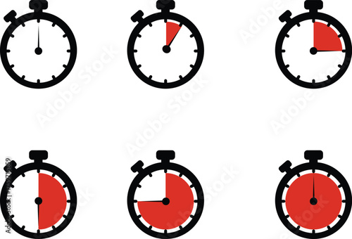 Flat design vector illustration of stopwatch timer and clock icons showing different time intervals for web app and design