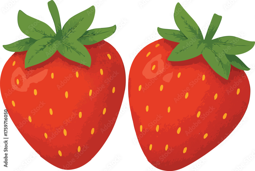 Obraz premium Two red strawberries with green leaves and yellow seeds