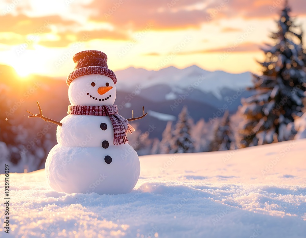 Obraz premium Festive snowman in mountain winter landscape