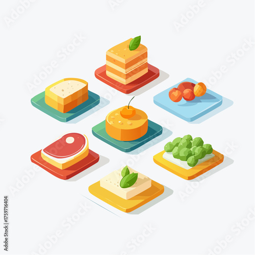 Culinary Delight Arrangement: An assortment of culinary creations, artistically arranged on individual platforms, tantalizes the senses with their vibrant colors and textures.