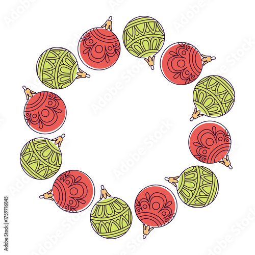 Festive wreath of Christmas tree balls. Simple flat vector design. New year and Christmas round frame. Ideal for postcards, business cards, packaging design, home, shop. Vector illustration