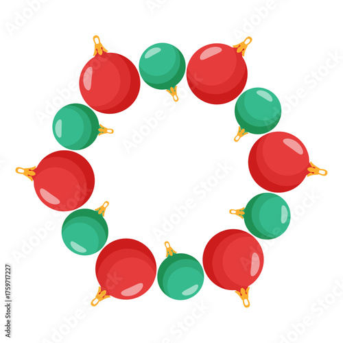 Festive wreath of Christmas tree balls. Simple flat vector design. New year and Christmas round frame. Ideal for postcards, business cards, packaging design, home, shop. Vector illustration
