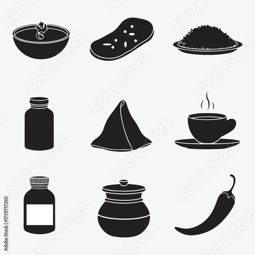 Food Icons Collection Curry Bread Rice Samosa Spice Bottle Hot Pepper Silhouette Vector Graphic Elements
