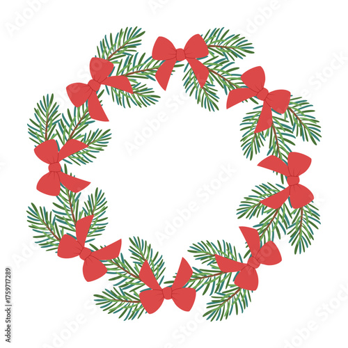 Festive fir wreath with bows. Simple flat vector design. New year and Christmas round frame. Ideal for postcards, business cards, packaging design, home, shop. Vector illustration
