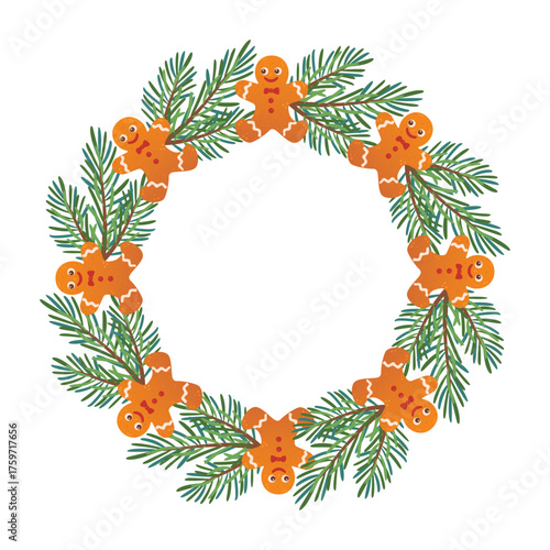 Festive fir wreath with gingerbread. Simple flat vector design. New year and Christmas round frame. Ideal for postcards, business cards, packaging design, home, shop. Vector illustration