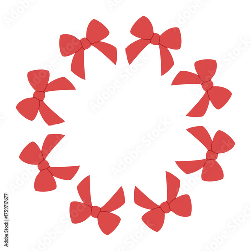 Festive wreath of red bows. Simple flat vector design. New year and Christmas round frame. Ideal for postcards, business cards, packaging design, home, shop. Vector illustration