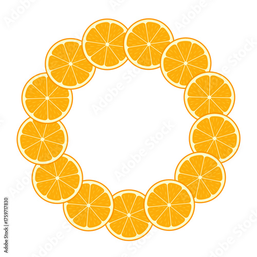 Festive wreath of orange slices. Simple flat vector design. New year and Christmas round frame. Ideal for postcards, business cards, packaging design, home, shop. Vector illustration