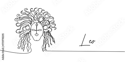 Minimalist one-line Leo zodiac sign illustration, elegant linear lion head with mane in continuous contour black art
