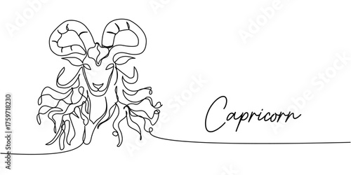 Minimalist one line art of Capricorn zodiac sign, elegant linear goat head with horns and decorative flowing lines