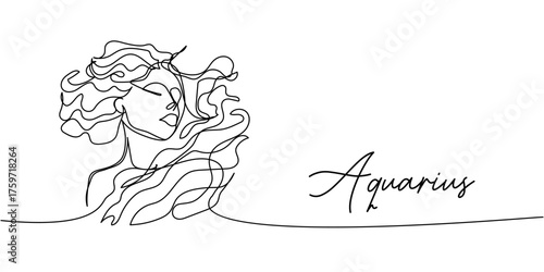 Minimalist continuous line art of Aquarius zodiac sign, abstract flowing-haired woman in elegant artistic outline style