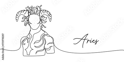 Minimalist one line art of Aries zodiac sign, abstract ram figure with horns and decorative geometric torso design