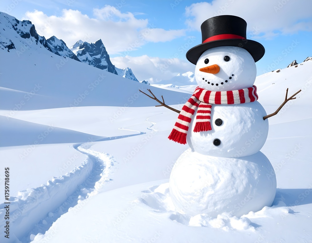 Obraz premium Snowman in forest with sunlight and snowflakes