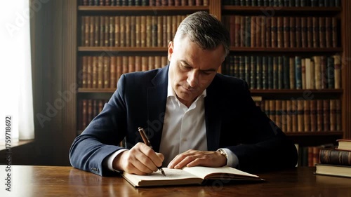 Thoughtful Man Writing Notes in Library with Warm Natural Light