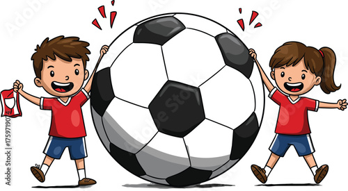 Cartoon vector illustration of happy children with giant soccer ball, teamwork, sports enthusiasm, celebration, friendship, fun, lifestyle, energy, and play