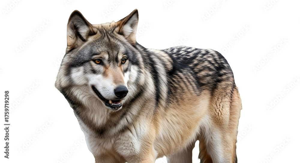 Fototapeta premium Portrait of a distinguished wolf with striking amber eyes and a patterned coat in a natural setting.