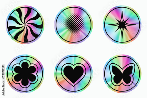 Holographic circle stickers. Gradient foil shapes. Vector neon iridescent emblems on white background with butterfly heart and butterfly symbols. Y2k design quality tape