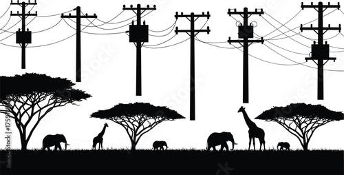 African savanna wildlife silhouette with elephants, giraffes, acacia trees, power lines, utility poles, electricity infrastructure, nature and technology coexistence illustration