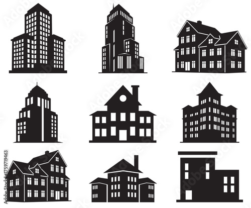 PrintArchitectural silhouette collection. Vector icons of urban skyscrapers, classic mansions, and residential buildings.
