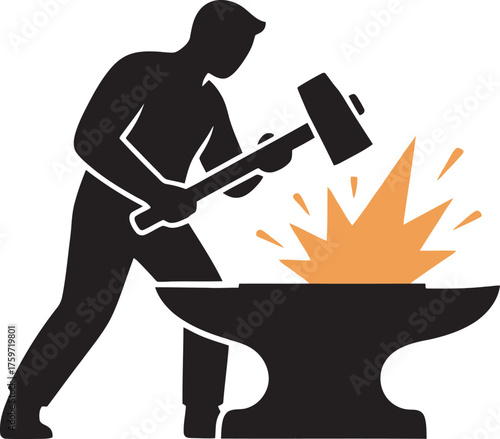 Silhouette of a blacksmith hammering metal on an anvil, creating sparks.