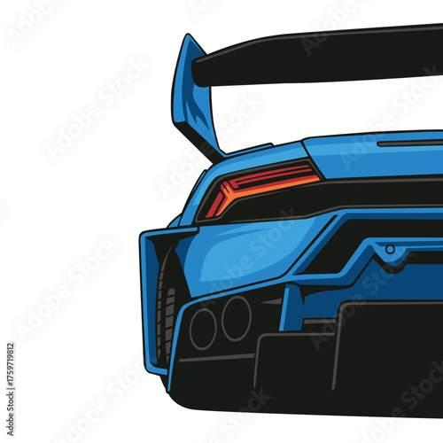 Blue supercar's aggressive rear, massive wing, sharp taillight, dual exhaust.