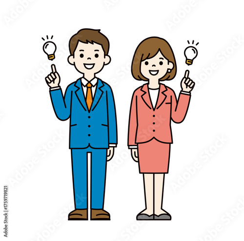 いいアイデアが閃いた、若い会社員の男性と女性の全身ベクターイラスト素材セット＿カラー