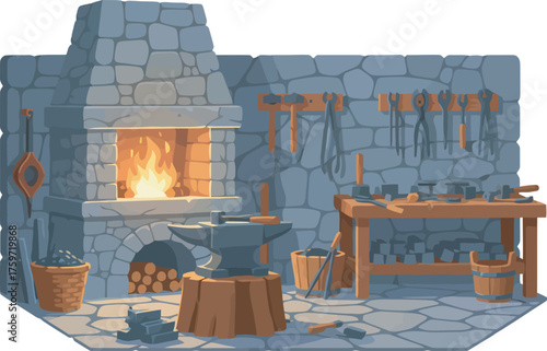 A blacksmith's workshop interior with a stone fireplace, anvil, tools, and wooden workbench.