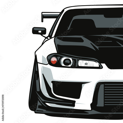 White JDM car's front, black hood, aggressive bumper, stylish headlight.